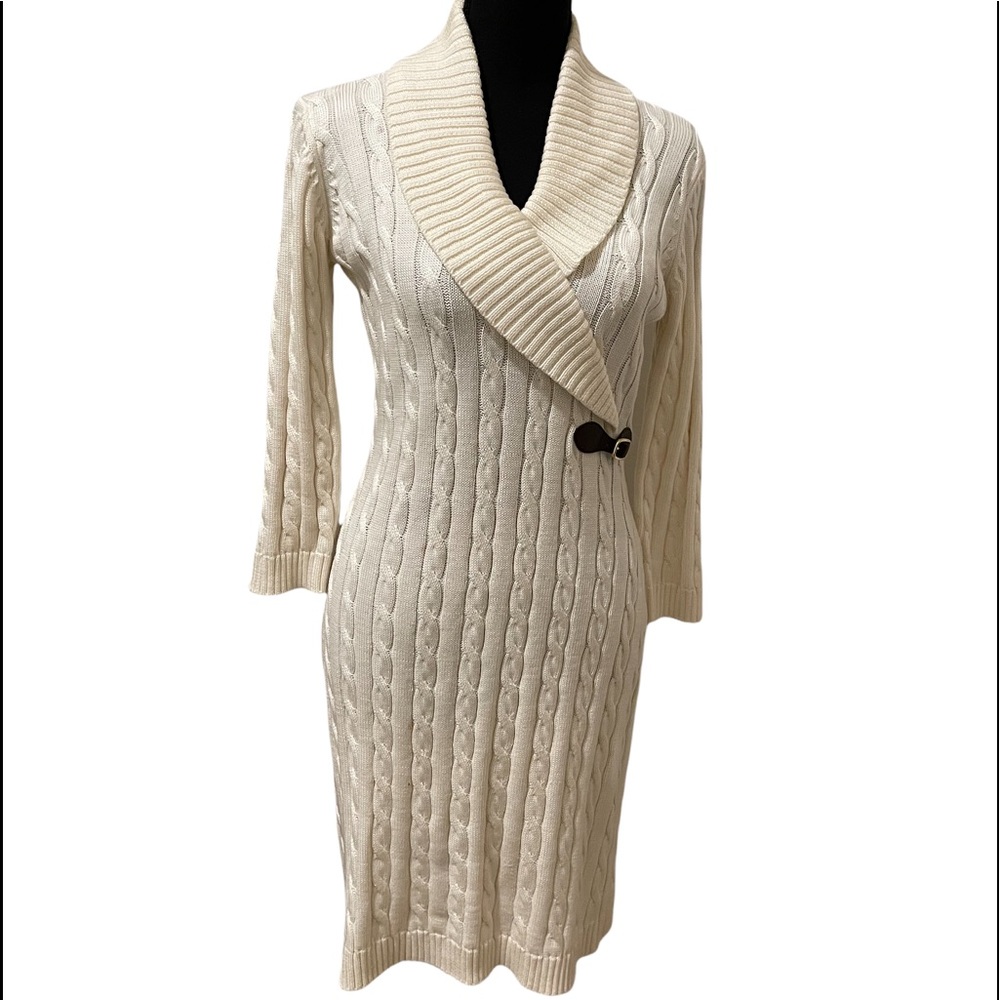 Calvin Klein Long Sleeve Sweater Dress in Cream with Shawl Collar.